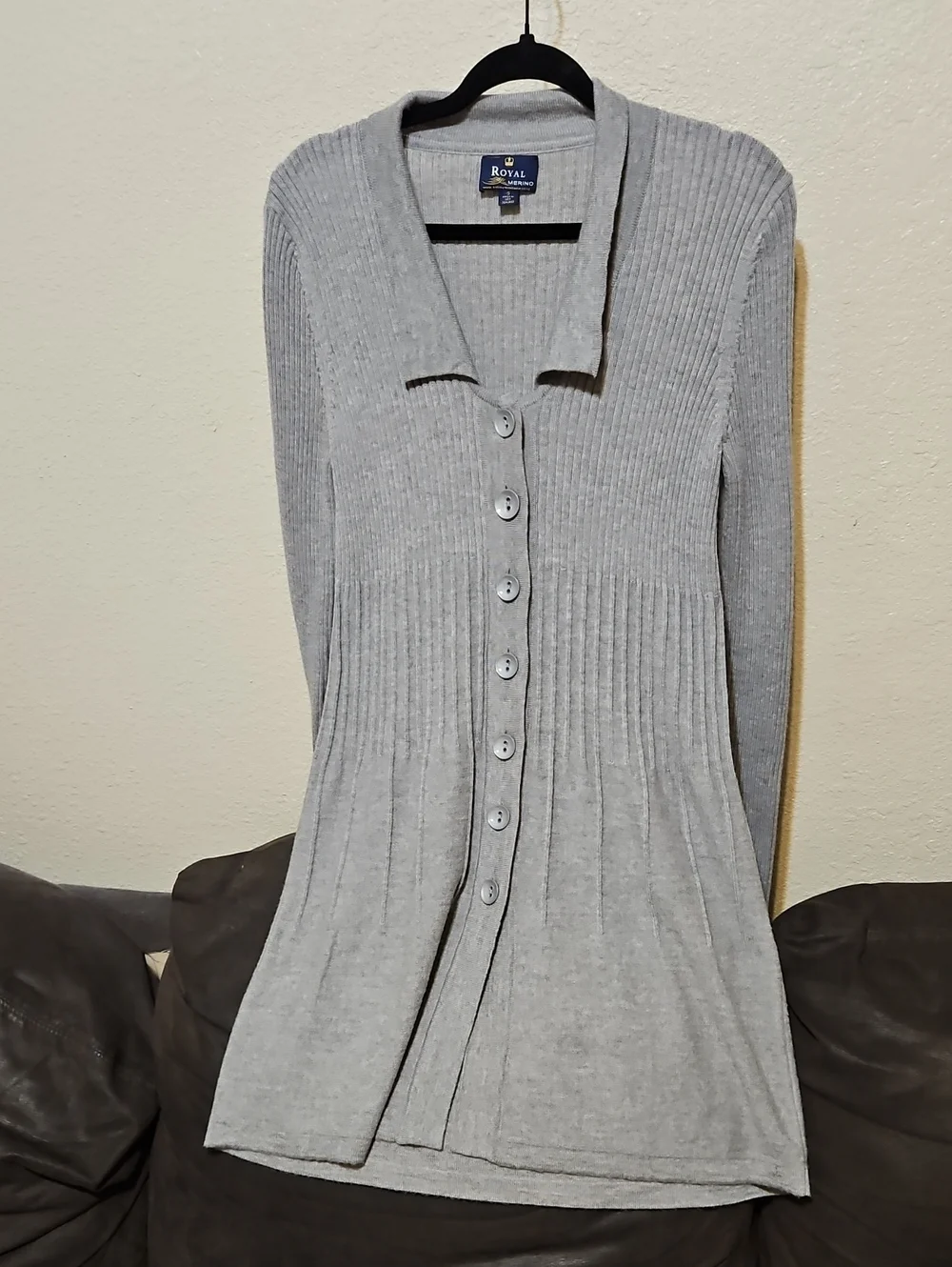 Light Gray Super Soft Extra Fine 100% Merino Wool Ribbed Button-Front Dress